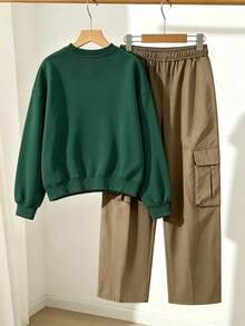 Setelan 2 Potong Unisex Modis dengan Motif Beruang Kreatif dan Kerah Bulat, Cocok untuk Pria di Musim Gugur/Dingin. - Dark Green - View 3