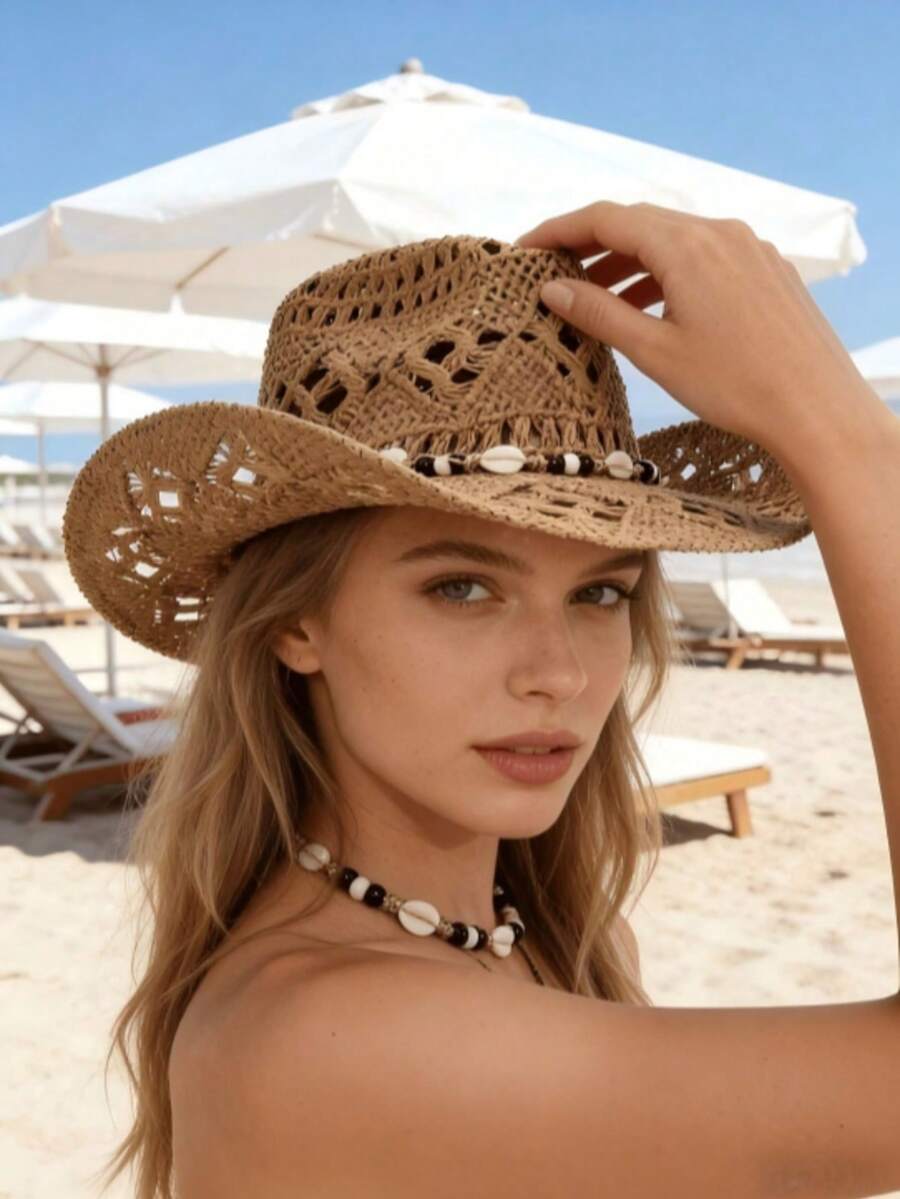 1 pieza Sombrero de paja estilo bohemio con diseño hueco de concha, sombrero de playa tipo vaquero, sombrero de paja tejido a mano puro, adecuado para vacaciones y fotografía - Caqui - Ver 1