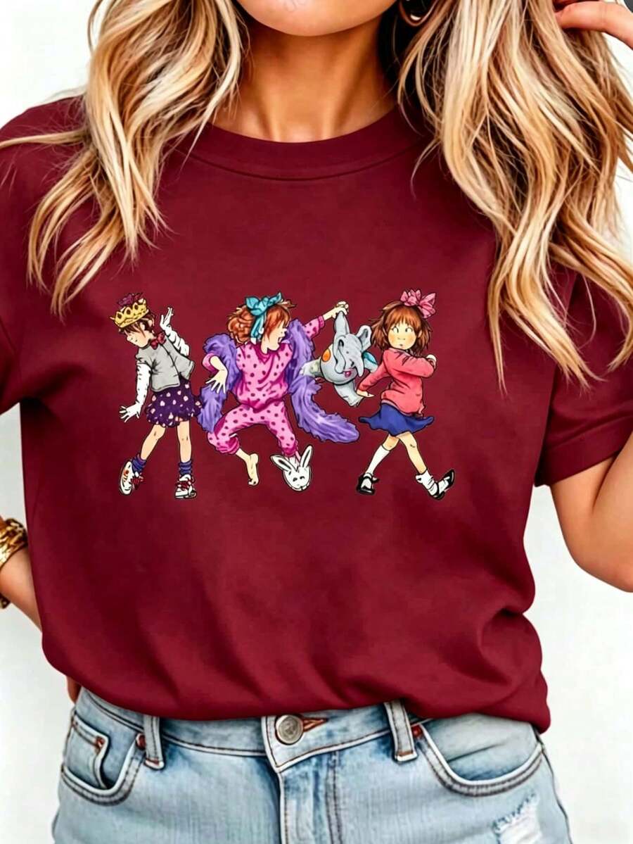 Junie B Teacher Shirt Junie B Jones Kindergarten Teacher T-Shirt Teacher Life T-Shirt Teacher Gift Women Round Neck Printed Camisa Pink - 酒紅色 - 查看 1