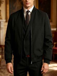 Chaqueta con cremallera y forro de unicolor para hombre - Negro - Ver 2