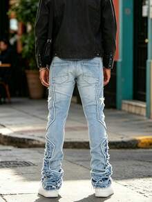 Men's Frayed Hem Slim Fit Jeans, Fashionable Flared Pocket Denim Pants, Comfortable Machine Washable, Versatile Wardrobe Essential For All Seasons - Light Wash - View 5