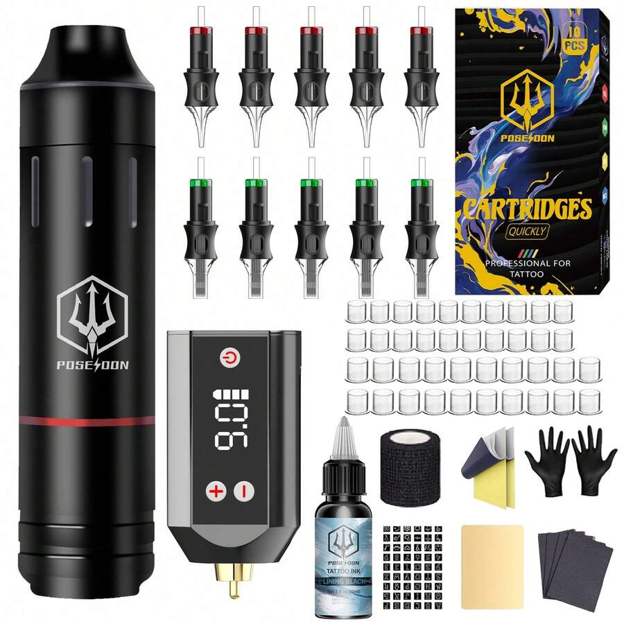 Poseidon 無線紋身槍套組 1200mAh 可充電電池紋身機套組 高速靜音馬達紋身筆套組 包含 10 支針筒針頭及其他紋身用品 適合初學者與藝術家 - 黑色 - 查看 1