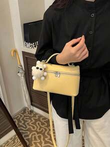 Dedoo 1件純色荔枝紋PU方形斜挎包 女款小錢包 日常時尚百搭款 奶油黃女包（吊飾隨機款式） - 黃色 - 查看 7
