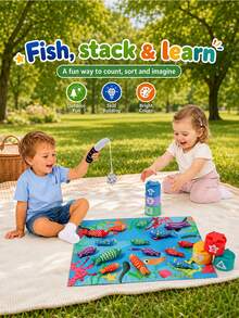 1套非磁性幼兒布藝釣魚玩具，數字配對疊杯釣魚玩具組，附魔鬼氈魚片與可折疊布收納袋，早教互動爬行玩具，適合男孩女孩，兒童節與生日禮物（配件隨機配色） - 彩色 - 查看 3