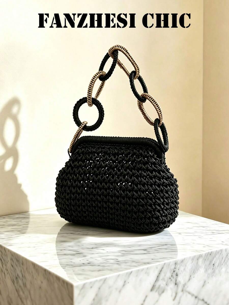 Black Hollow Woven Clutch Bag, Two-Tone Braided Chain Top Handle Handbag, Clip Closure Textured Straw Purse For Evening Party Holiday Outing - Black - View 1