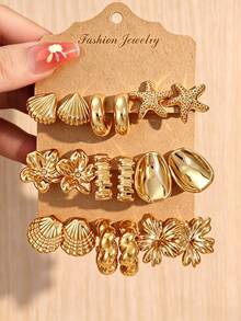 6/18pcs Gold Fashion Women's Earring Set, Fashionable Elegant Floral Geometric Multi-Element Gold Metallic Earring Set, Women's Fashion Earring Set (Lightweight CCB Material, Non-Fading) - Gold - View 5