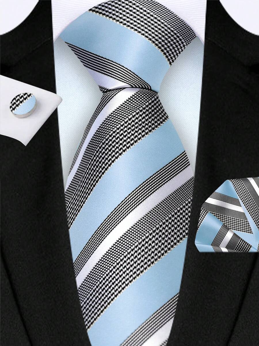 3Pcs/Set 3.15inch Width Houndstooth & Striped Light Blue Necktie Set – Pocket Square + Clip, Multiple Colors, Formal/Wedding Suit, Gift For Men - Baby Blue - View 1