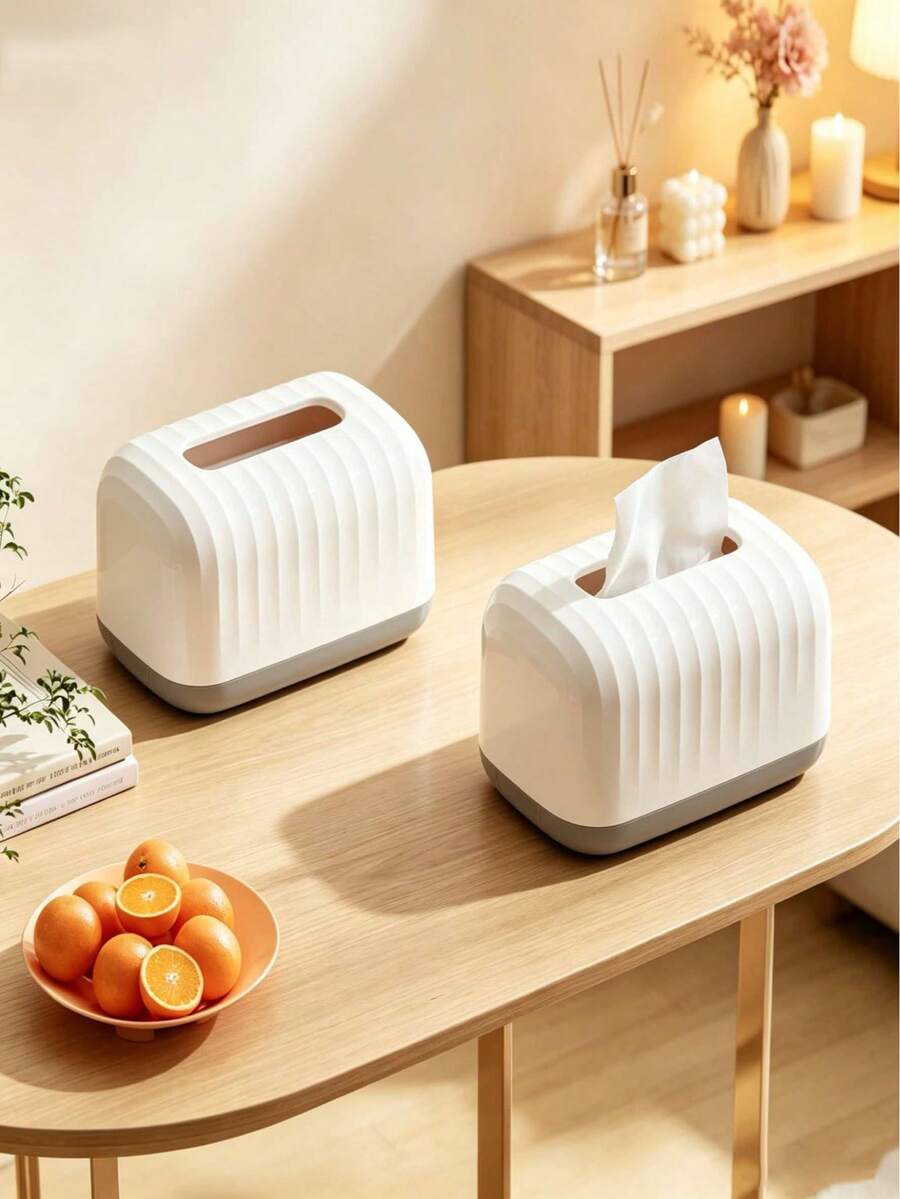 1 pieza Caja de pañuelos con patrón de ondas, soporte de pañuelos de estilo de lujo para escritorio, caja de servilletas multifuncional para el hogar, sala de estar y mesa de café - Blanco - Ver 1