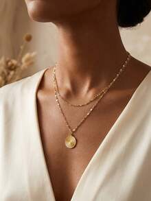 1 Stück Gold Edelstahl 18K vergoldete doppelschichtige gestapelte Blumenanhänger Halskette, elegant und vielseitig für Frauen, geeignet für den täglichen Gebrauch - Gold - Übersicht 2