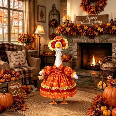 Vestido con estampado de atuendos de otoño para ganso de porche de 23 pulgadas, sombrero, disfraz de ganso de Acción de Gracias