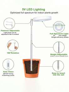 1 pieza Luz de crecimiento de plantas de espectro completo LED, cuidado de plantas de interior, 3 niveles de brillo ajustables, función de temporizador, altura ajustable, alimentada por USB - Multicolor - Ver 8