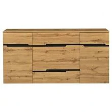 Aparador de salón 160*40*80 cm, aparador bajo con 2 puertas y 4 cajones, aparador de comedor, amplios compartimentos sin tirador, mueble auxiliar para sofá, color madera + negro - Color natural - Ver 9