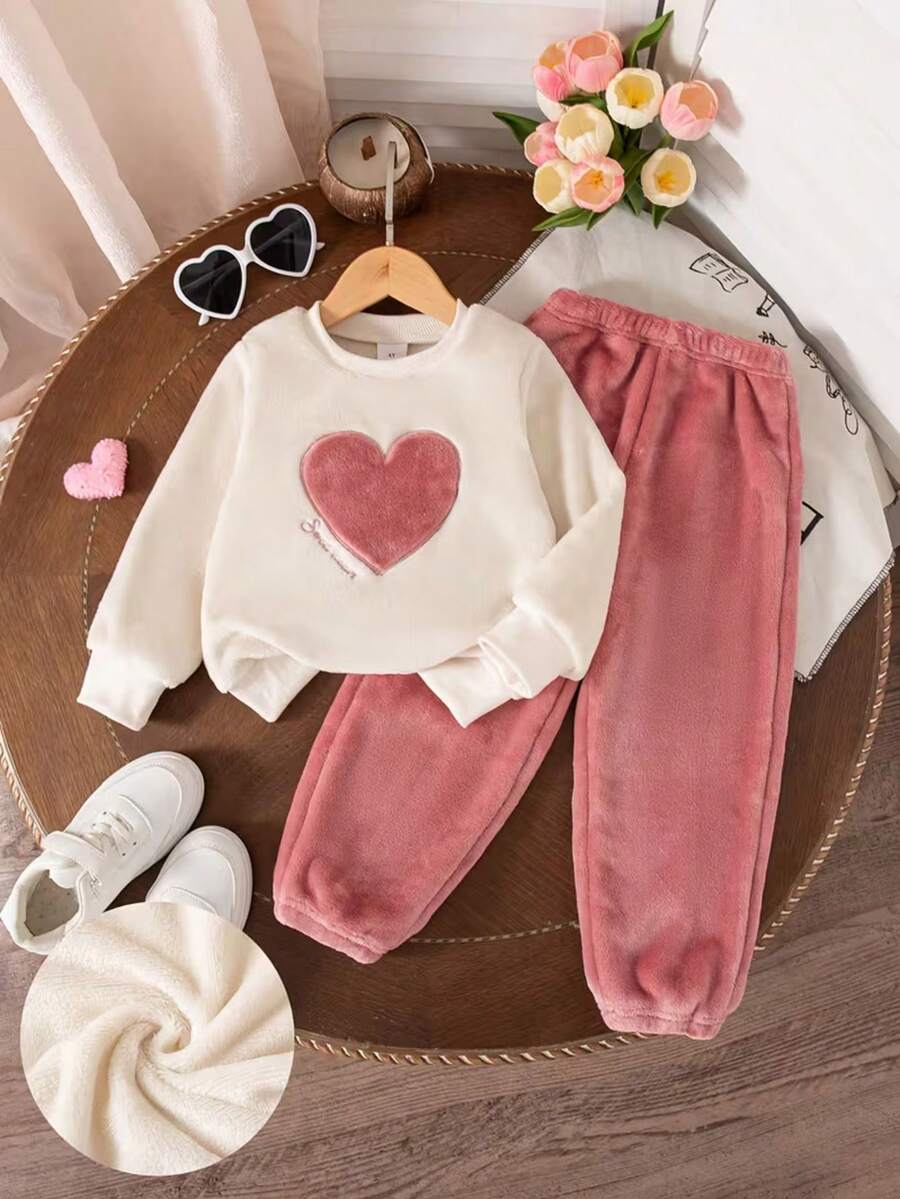 Baby Girl Heart Patch Plush 2 Pieces, Infant Round Neck Long Sleeve Sweatshirt With Cuffed Long Pants, Soft Flannel Warm Home Wear, Toddler Autumn/Winter Sweet Children's Clothing 6M-3Y - Apricot - View 1