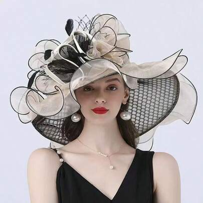 1pc Women's Chiffon Wide Brim Church Derby Hat, Wedding Tea Party Fashion Elegant Lace Sun Hat, Flower Pot Hat, Elegant Elegant Sun Protection Hat, Fashion Travel Beach Hat
