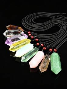 1pc Natural Double Terminated Crystal Column Pendant, Multicolor Fluorite Amethyst Labradorite Raw Stone Necklace With Braided Rope, Energy Crystal Jewelry For Men And Women - Double-pointed Pendant - View 3