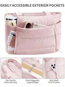 Tas Tote Minimalis Wanita, Tas Bahu Ringan Berbahan Quilted dengan Kompartemen Penyimpanan, Cocok untuk Bepergian, Berbelanja, Berolahraga, dan Penggunaan Sehari-hari - Berwarna merah muda - View 6