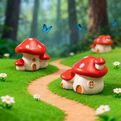 1set Creative Micro Landscape Mushroom House Set, Miniature Fairy Garden Bonsai Decor, DIY Terrarium Accessories, Cute Desk Shelf Ornament, St. Patrick's Day Party Supplies, Ideal Gift For Craft Lovers, Living Room Accent, Tiny Figurine Collection