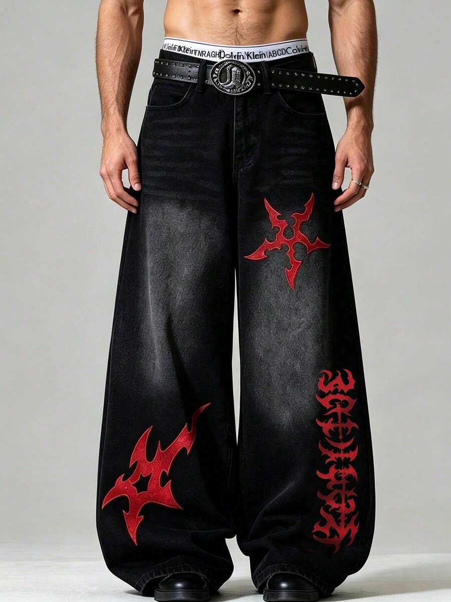男士時尚街頭風刺繡寬腿牛仔褲,寬鬆舒適,四季百搭(不含腰帶或配件) - 黑色 - 查看 1