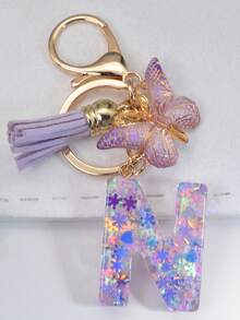 1个字母雪花树脂钥匙扣，女士包包挂饰，蝴蝶流苏礼品，汽车配件，书包配件，带证件夹的挂绳，汽车配件，包包挂饰，送给母亲、父亲、毕业生和老师的礼物 - 紫色 - 查看 8
