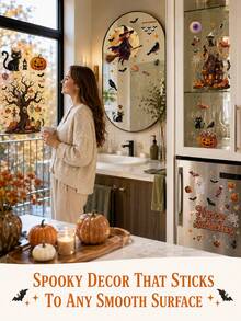 2/4pcs Halloween Window Decals, Cute Haunted House Tree Wizard Ghost Pumpkin Black Cat Bat Candy Glass Stickers, Removable Static Cling Decals, Suitable For Windows, Porch, Living Room, Party, Indoor Autumn Haunted House Halloween Trick Or Treat Decor - Multicolor - View 6