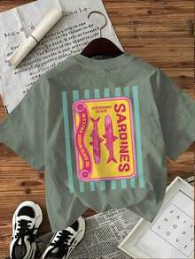 [Beidseitiger Druck]Modisches Freizeit-Oberteil für Damen für Frühling und Sommer, Vintage-Stil, Sardinen-Druck mit der Aufschrift "Sustainably caught sardines", Rundhals-T-Shirt aus reiner Baumwolle mit kurzen - Armeegrün - Übersicht 3