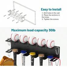 Wall Mount Baseball Bat Holder Heavy Duty Metal Bat Rack 5 Bats Baseballs, Dugout Fence Organizer, Sports Equipment Storage Hanger Home Garage Basement - Black - Multicolor - View 6