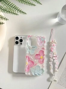 扭曲波浪邊極簡高級 TPU 花卉彩繪防摔手機殼 保護套 附手工串珠手鍊配件，適用 16/11/16 Pro/16 Plus/16 Pro Max/16e/15 Pro Max/13/14/12/XS/XR/7G/8PXR/7/8， 15 Pro Max/Apple 13/14/Apple 11 軟殼 P12 防摔 X 扭曲波浪邊 12/14 彩繪 TPU 防摔軟殼手機殼 - 彩色 - 查看 5