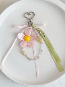 1pc INS Style Contrast Color Floral Hanging Ornament Pink Daisy Heart Keychain Ribbon Bow Beaded Bag Charm Accessory - Multicolor - View 3