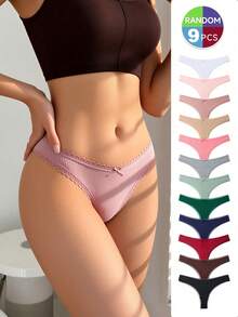 9pcs Random Color Low Waist Lace Patchwork Bow Ribbed Sexy Women Thong Panties Elastic Soft Comfortable Women Underwear - Multicolor - View 4