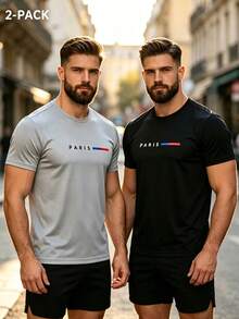 2pcs Men's Paris Print Sports T-Shirts, 2 Colors Crew Neck Short Sleeve Versatile Tops Summer - Multicolor - View 3