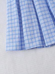 Abito estivo elegante da ragazza con motivo a quadri, senza maniche, plissettato, stile college, senza fodera interna, maglietta - blu polveroso - Visualizzare 7