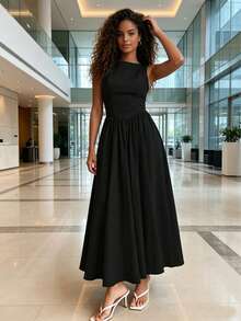 Women Sleeveless Round Neck High Waist Slim Backless Zipper A-Line Maxi Dress - 黑色 - 查看 6