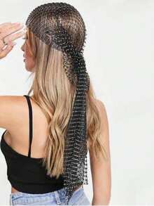 1pc Women's Fishing Net Full Rhinestone Gold Headscarf Hat Personalized Hair Accessory Suitable For Women's Daily Wear, Dance, Wedding, Party, Events, Valentine's Day And Other Occasions - Multicolor - View 2