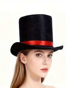 1pc Black & Red Ribbon Extra Wide Foldable Felt Hat, Multi-Functional Black Top Hat, Suitable For Various Occasions - View 5