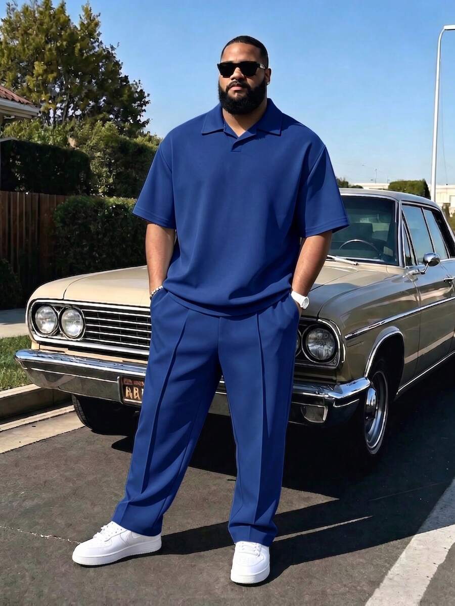 Men's Plus Size 2-Piece Set, Summer Short Sleeve Top And Pants, Men's Plus Size Solid Color T-Shirt Set - Blue - View 1