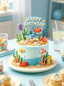 1pc Unisex Children Shark Crab Jellyfish Soft Decoration, Used For Dessert Table Decoration, Ocean Style Cake Decoration, Suitable For Baby Shower And Birthday Party - Multicolor - View 6