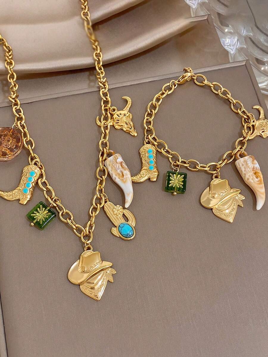 Western Cowboy Stainless Steel Necklace Bracelet For Men Women,Vintage Turquoise Boot Beads Charms Gold Jewelry Set,Party/Christmas/Vacation/Boho - Multicolor - View 1