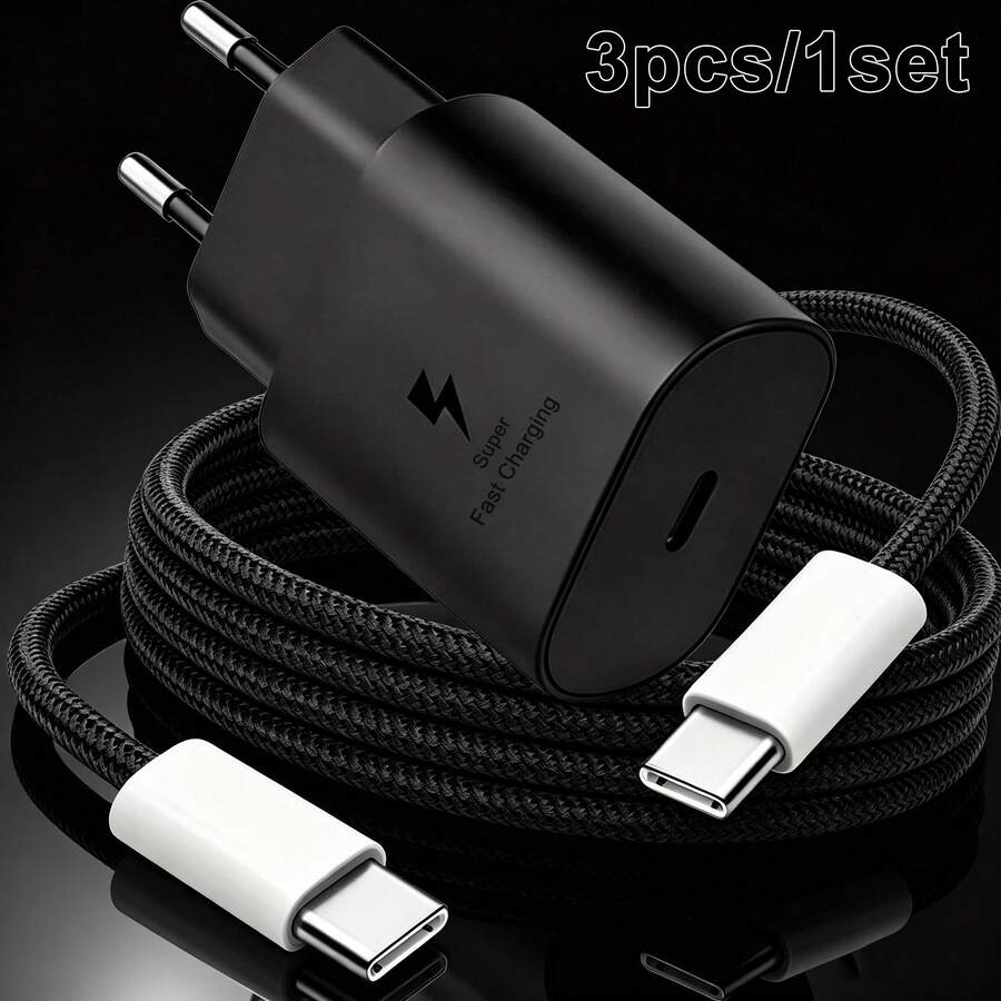 3pcs/1set/1pc EU Standard Super Fast Charging Kit (EU Standard Charger With 3.3ft/6.6ft Charging Cable And 1.4m Cable Protector), EU Standard Travel Plug Adapter Compatible With Samsung Galaxy S26 S25 S24 S23 S22 S21, USB-C Wall Charger With 3.3ft/6.6ft Fast Charging Cable, Compatible With IPhone 17/17 Pro/17 Pro Max/Pro/16/15 - View 1