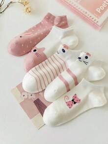 5/10 Pairs Women Cute 3D Cat Ear Design Short Socks, Japanese Style - Pink - View 5