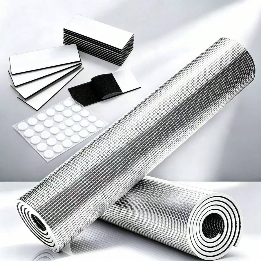 Película de aislamiento y protección térmica de aluminio y malla resistente a desgarros para ventanas, reutilizable y sin pegamento, incluye punto adhesivo de regalo para parasol. Proporciona oscurecimiento total, protección UV y privacidad, adecuada para aislamiento del calor en verano y necesidades de calidez en invierno. Aplicable para ventanas de dormitorio, dormitorio y coche. - A - Ver 1