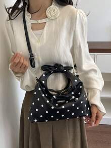 Polka Dot Pattern Handbag Crescent Bag Women's Pleated Bag Solid Color Cloud Crescent Bag Bow Tie Drawstring Casual Bag Shopping Women's Bag Shoulder Crossbody Bag Gift Shopping Commuting - Black - View 9