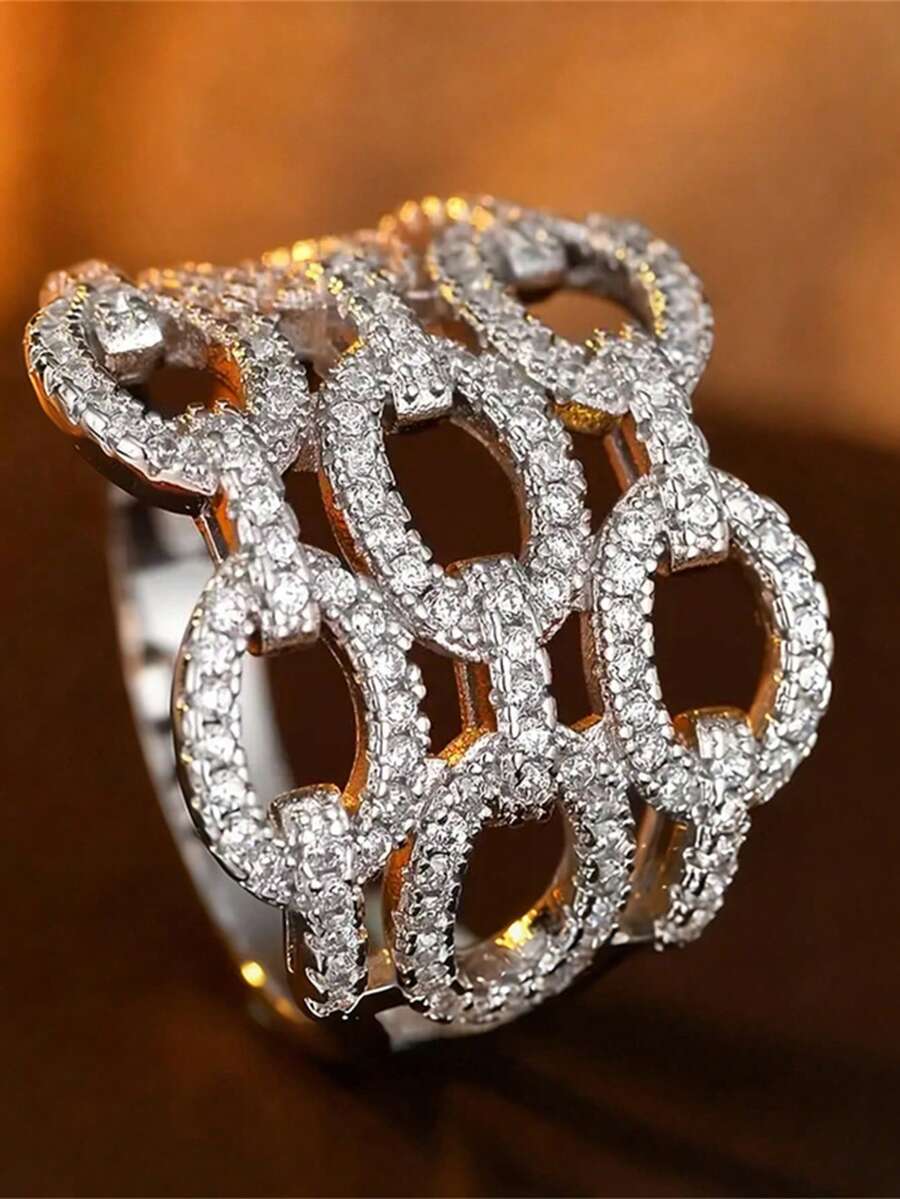 1件浪漫立方鋯石戒指,女士婚禮訂婚派對珠寶,情人節禮物 - 銀色 - 查看 1