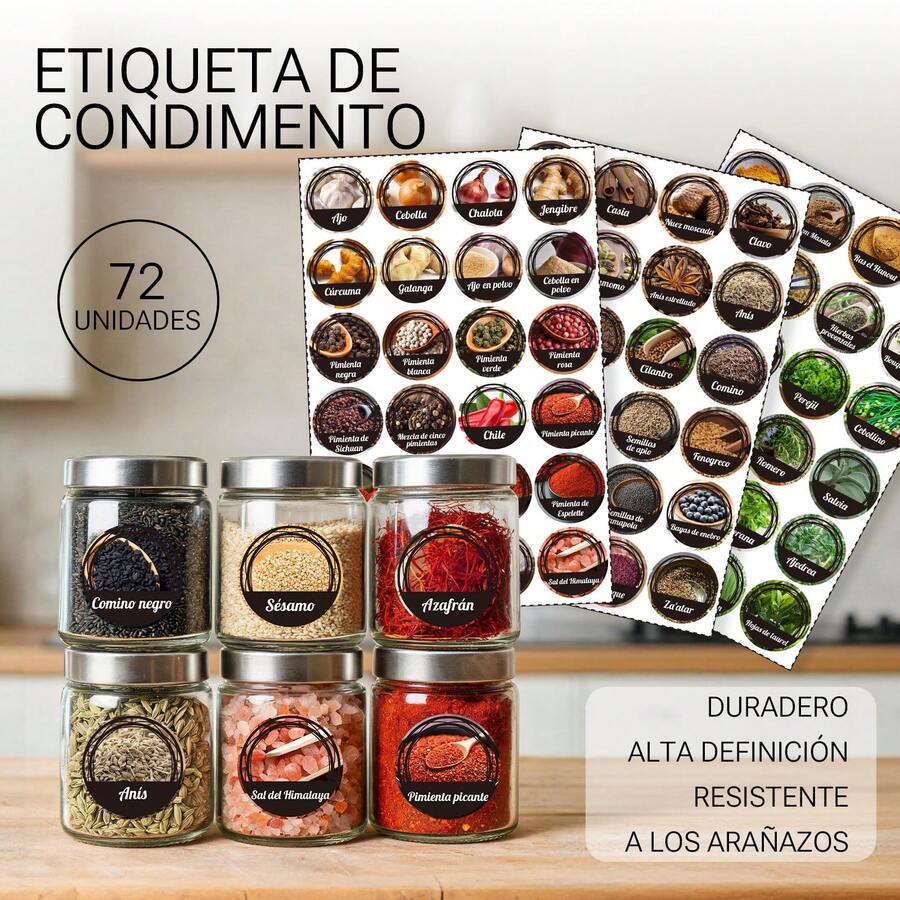 Spanish/72pcs/Set Kitchen Storage Jar Labels Stickers Self-Adhesive Waterproof Vinyl Stickers Flour Sugar Salt Rice Noodles Spices And Other Seasoning Jar Labels Round Stickers Kitchen Cabinet Storage Organization Essential Easy To Apply Oil-Resistant Home Storage Classification Stickers Removable No Residue - 72 Spanish Spice Stickers - View 1
