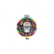 10/20/50Pcs,Day Of The Dead Colorful Sugar Skull Disposable Tableware Including 7Inch & 9Inch Paper Plates,Cups & Napkins With Rainbow Stripe Patterns For Mexican Carnival Parties,Suger Skull Paper - Multicolor - View 14