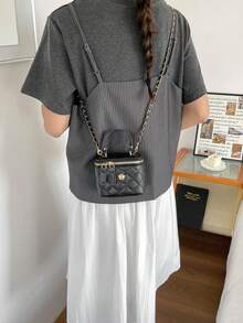 2026新款小眾高端紋理刺繡菱格紋化妝收納包迷你口紅包女款單肩斜挎包 - 黑色 - 查看 5