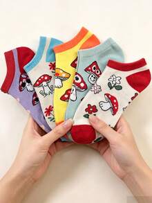 5/10 Pairs Cute Mushroom Smiling Face Floral Low-Cut Boat Socks, Colorful Contrast Color, Versatile Daily Commute Socks For Girls, Back To School Student Socks - Multicolor - View 2