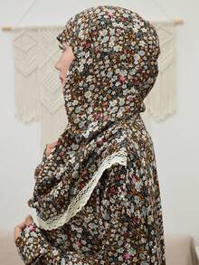 Floral Print Woven Fabric Long Abaya Dress, Round Neck, Regular Long Sleeve, Decorated With Applique Details, Loose Bohemian Style - Brown - View 2