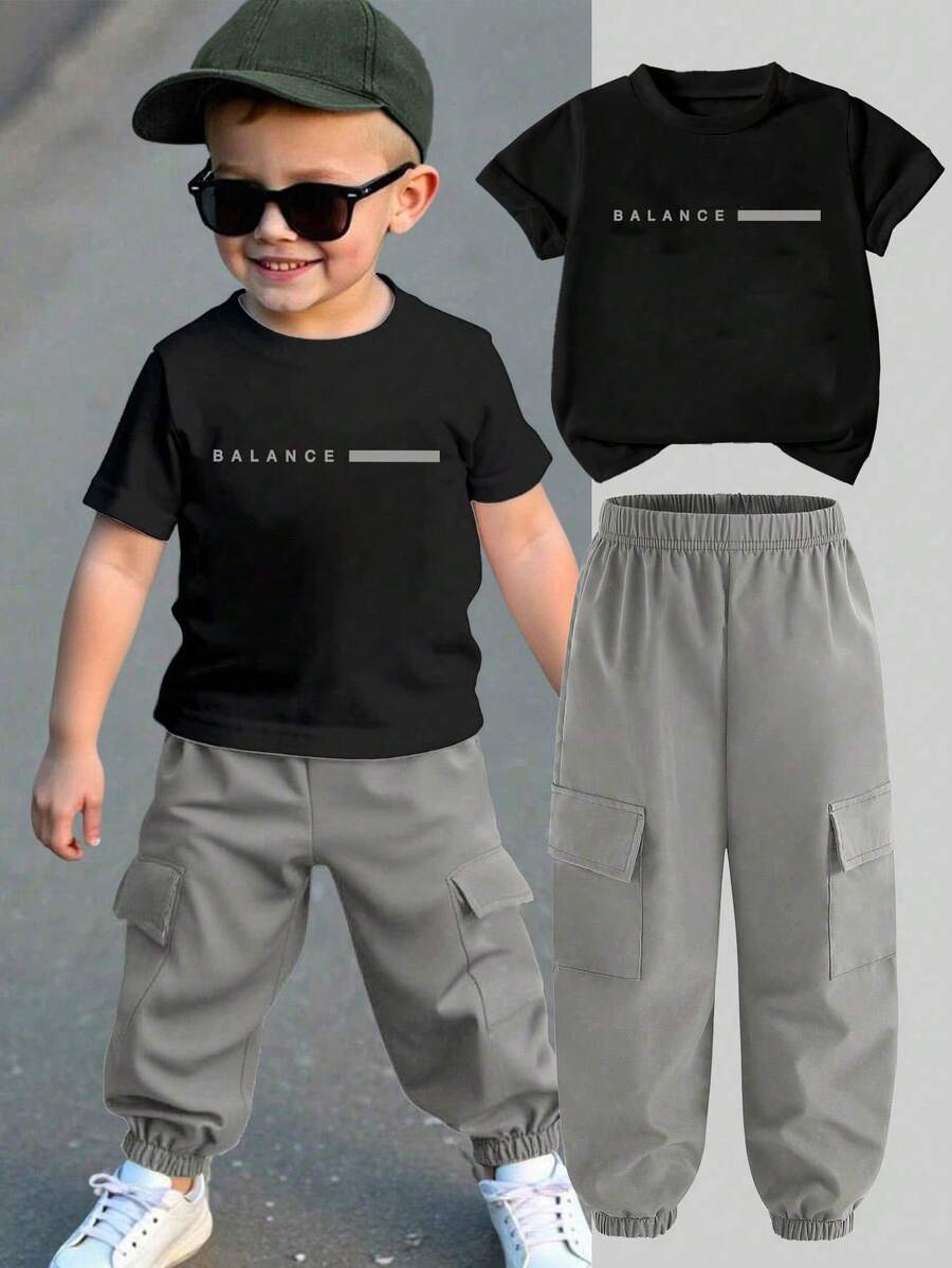 Conjunto de top de manga corta con cuello redondo y pantalón cargo con estampado de dibujos animados para niño pequeño - Negro - Ver 1