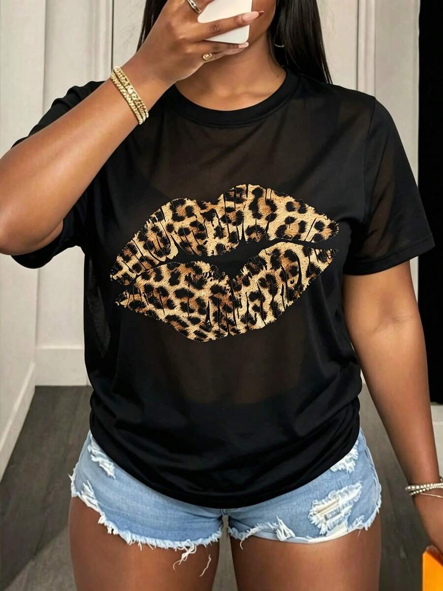 Fashionable Leopard Print Lip Graphic + Short Sleeves + Round Neck T-Shirt - style2 - 查看 1