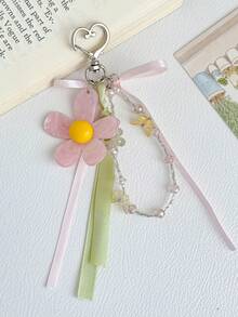 1pc INS Style Contrast Color Floral Hanging Ornament Pink Daisy Heart Keychain Ribbon Bow Beaded Bag Charm Accessory - Multicolor - View 4